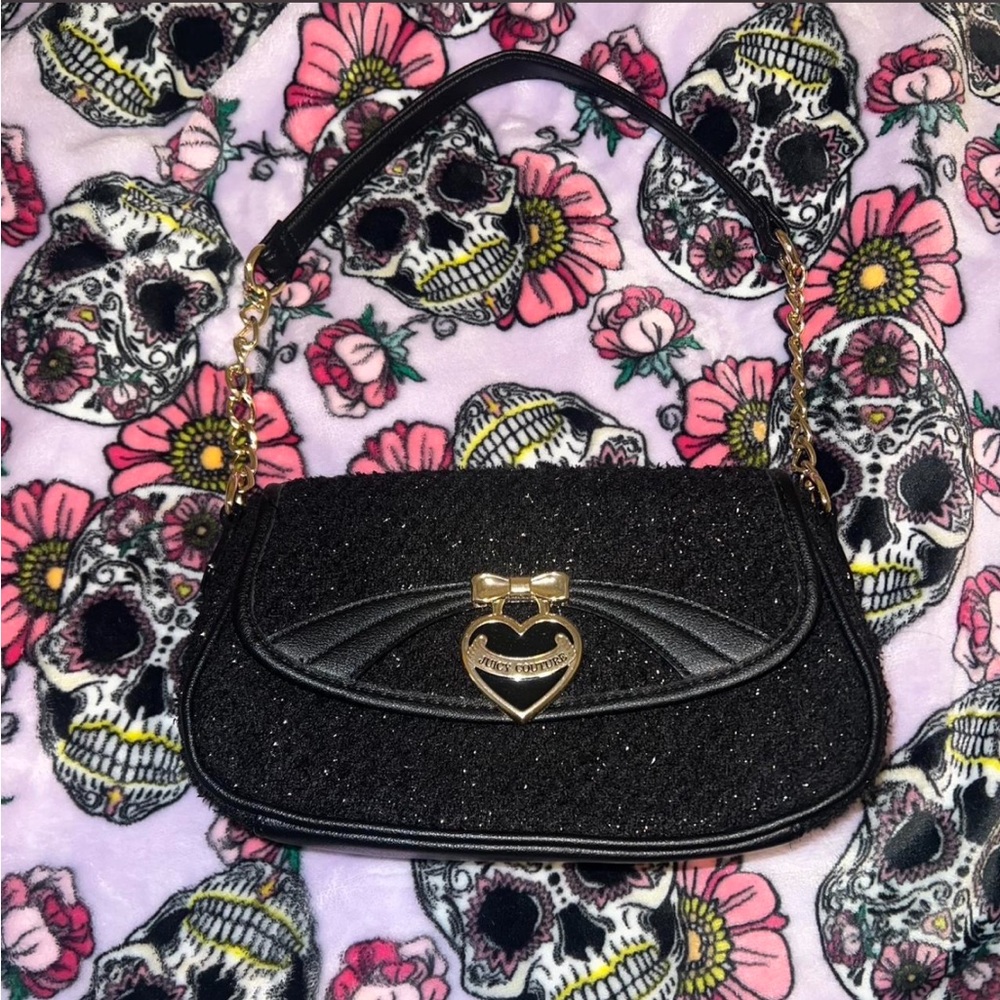 Juicy couture fuzzy black purse with gold details